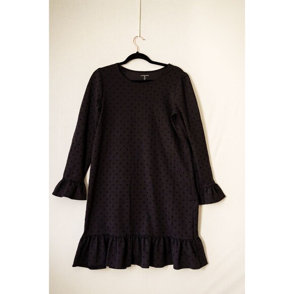 Lands' End black polka dot ruffles dress 16 goth witchy longsleeve midi - Picture 1 of 5